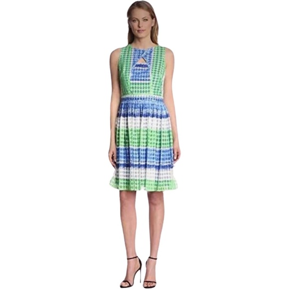 Gabby Skye Women's Sleeveless Stripe Printed Fit and Flare Cutout Dress - Picture 2 of 9